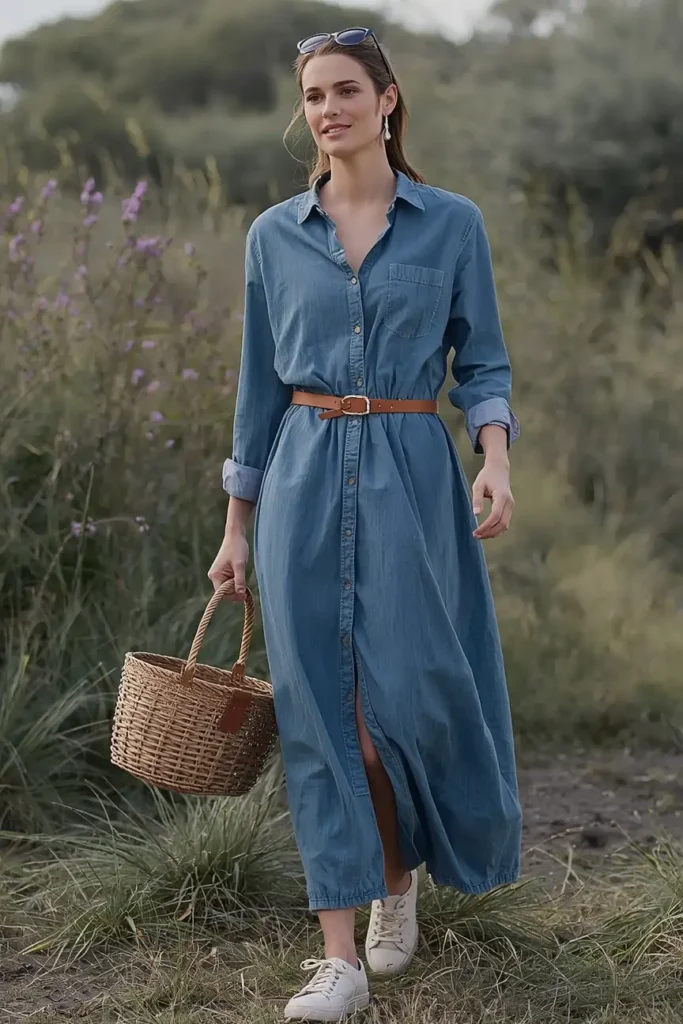 A Chambray Shirt Dress Belted at the Waist