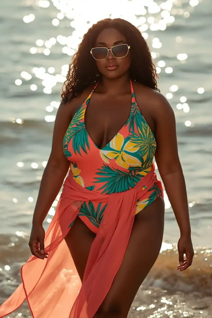 A Colorful One-Piece Swimsuit with a Flowy Sarong Wrap
