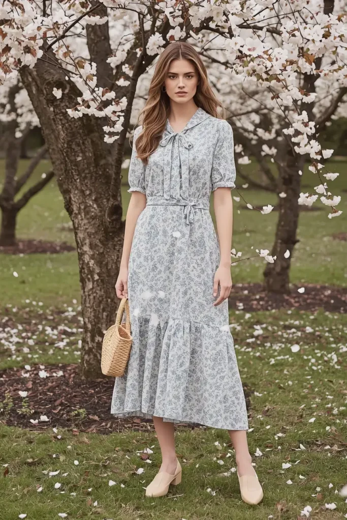 A Ditsy Print Dress with a Tied Collar