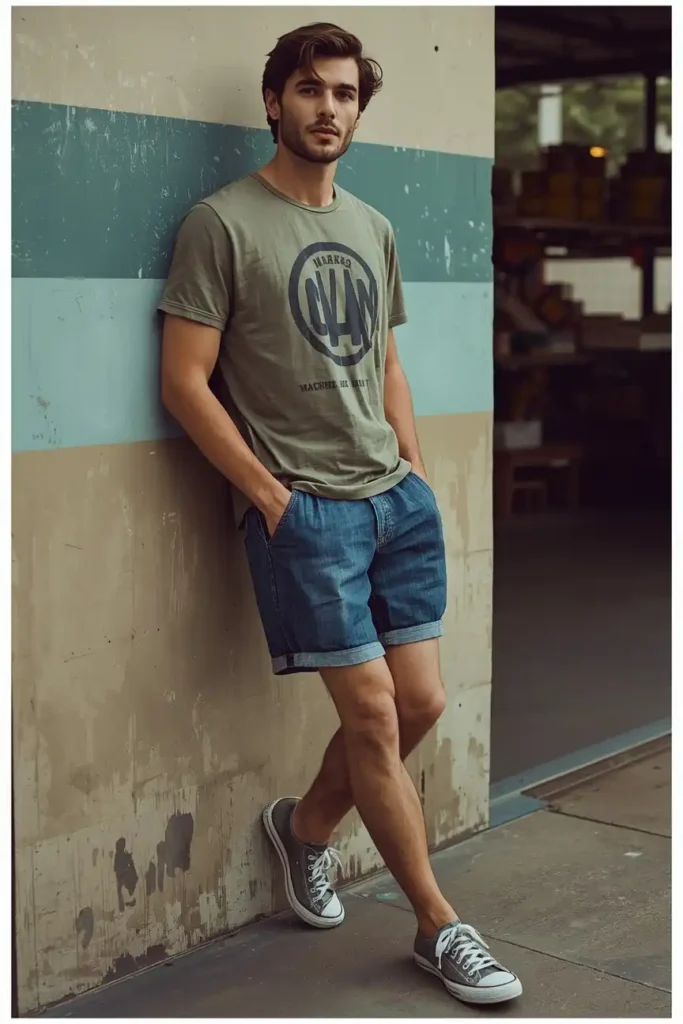 A Faded Graphic Tee With Relaxed Denim Shorts