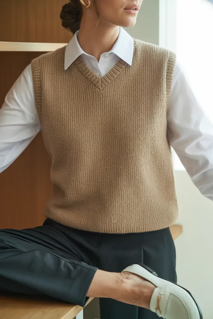 A Fine-Knit Vest Over a Crisp Collar for Layered Elegance
