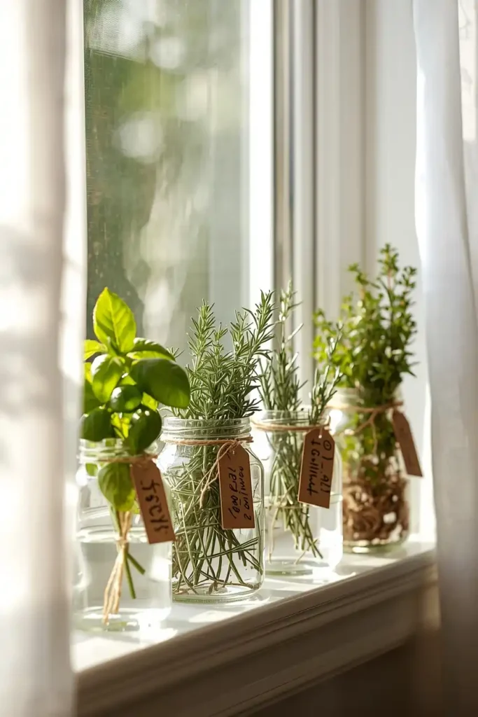 A Glass Jar Herb Garden on the Windowsill