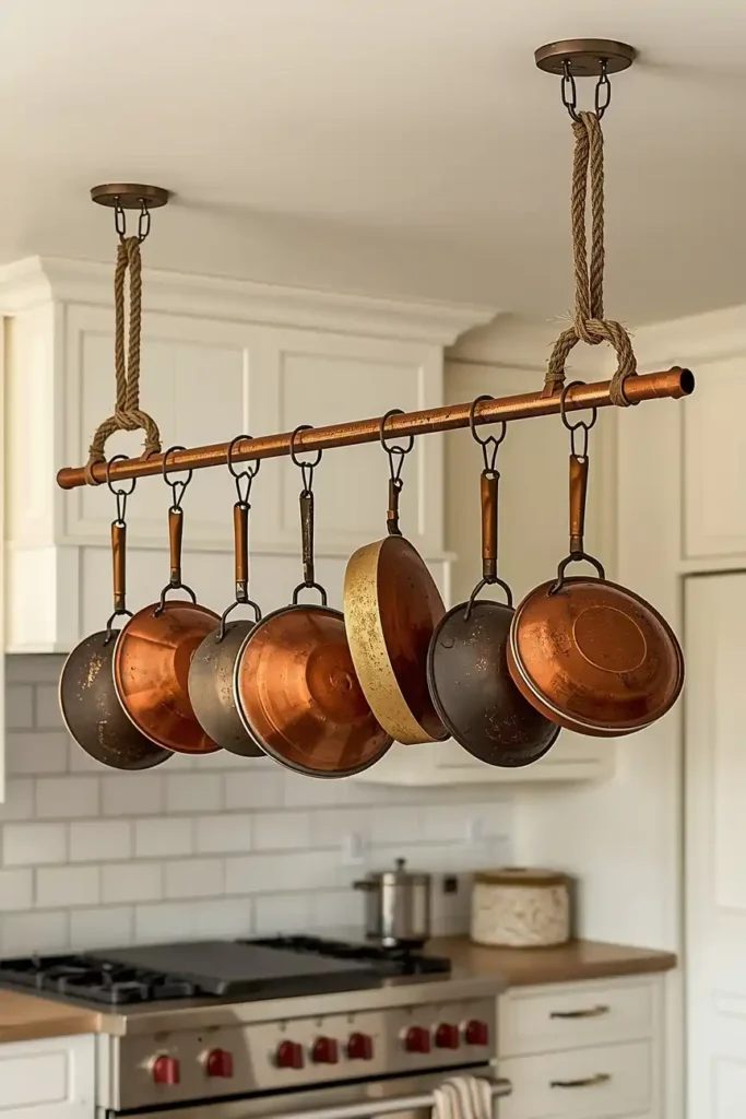 A Hanging Pot Rack Made From Copper Pipe