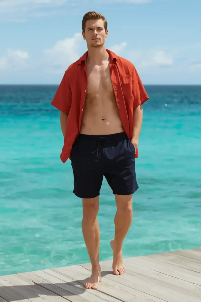 A Linen Overshirt in a Statement Color Worn Over Swim Shorts