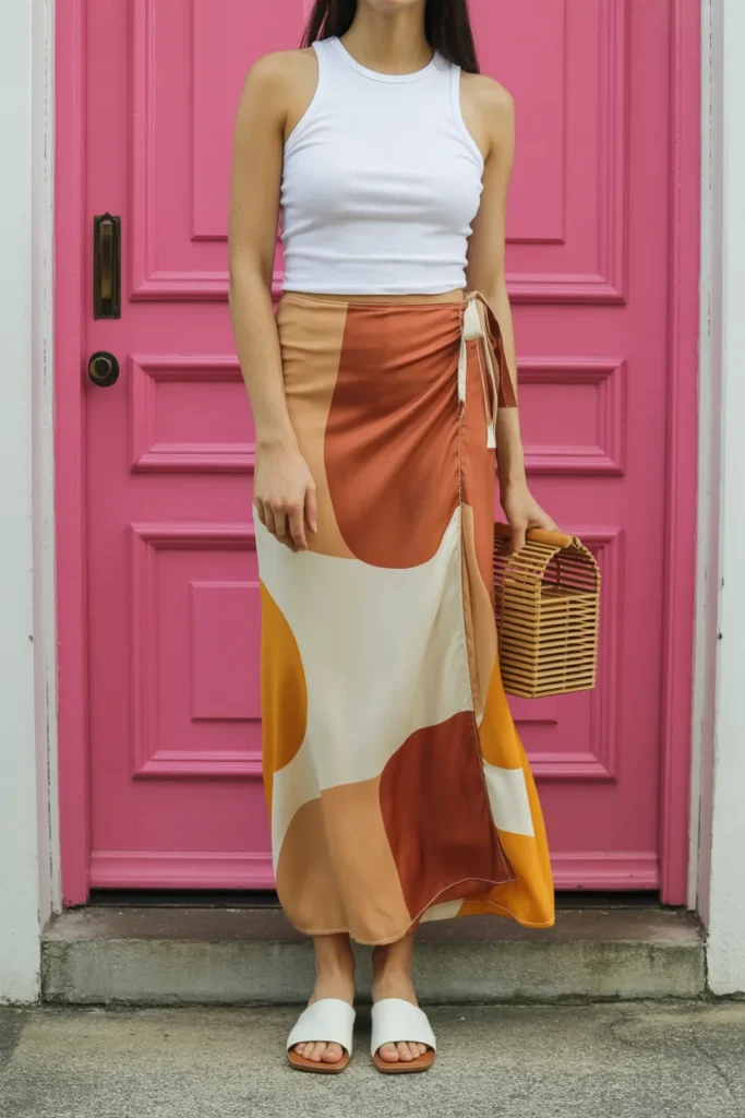 A Printed Wrap Skirt With a Simple Tank