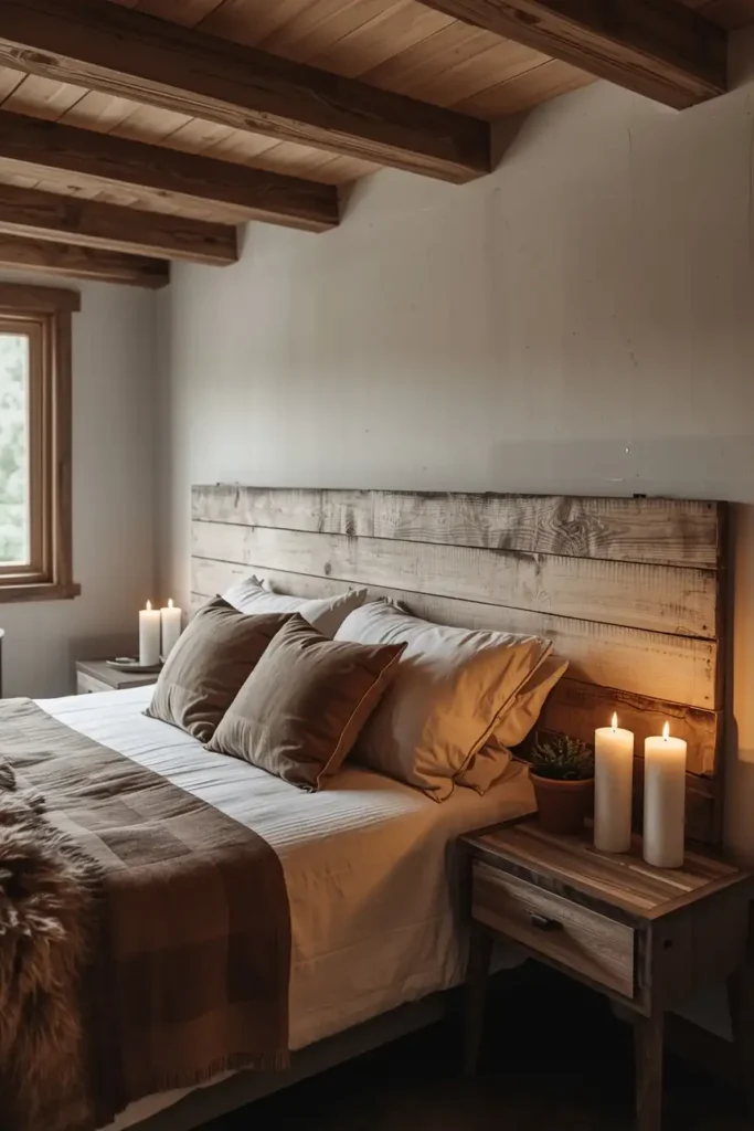 A Rustic Bedroom with Raw Wood and Soft Candlelight