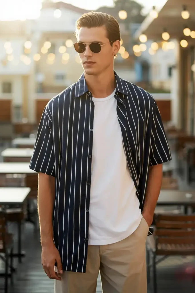 An Oversized Striped Shirt Left Open Over a Plain White Tee