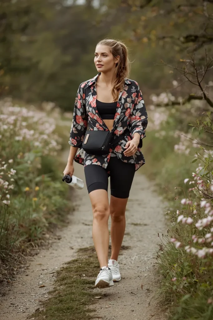 Athleisure Style: Bike Shorts and a Floral Overshirt