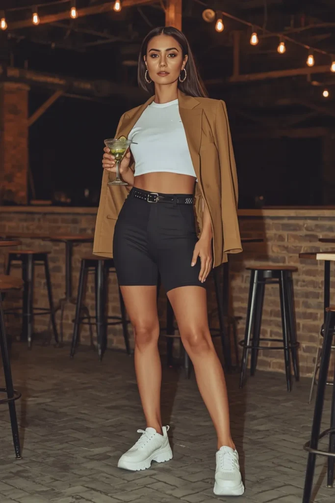 Biker Shorts with an Oversized Blazer and Crop Top