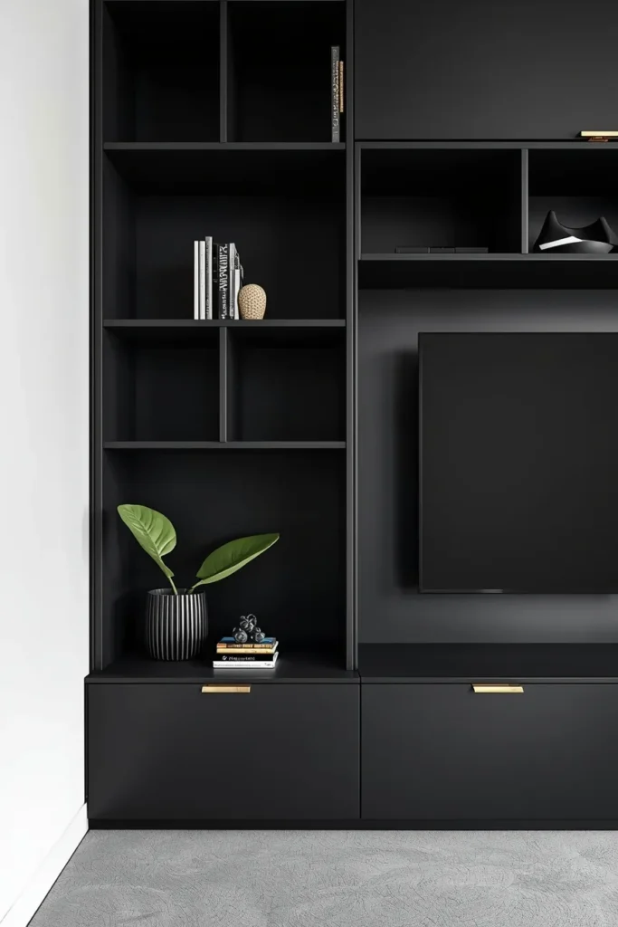 Black Matte TV Wall Unit With Contrasting Light Walls