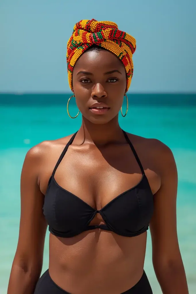 Black Swimsuit with a Colorful Statement Accessory