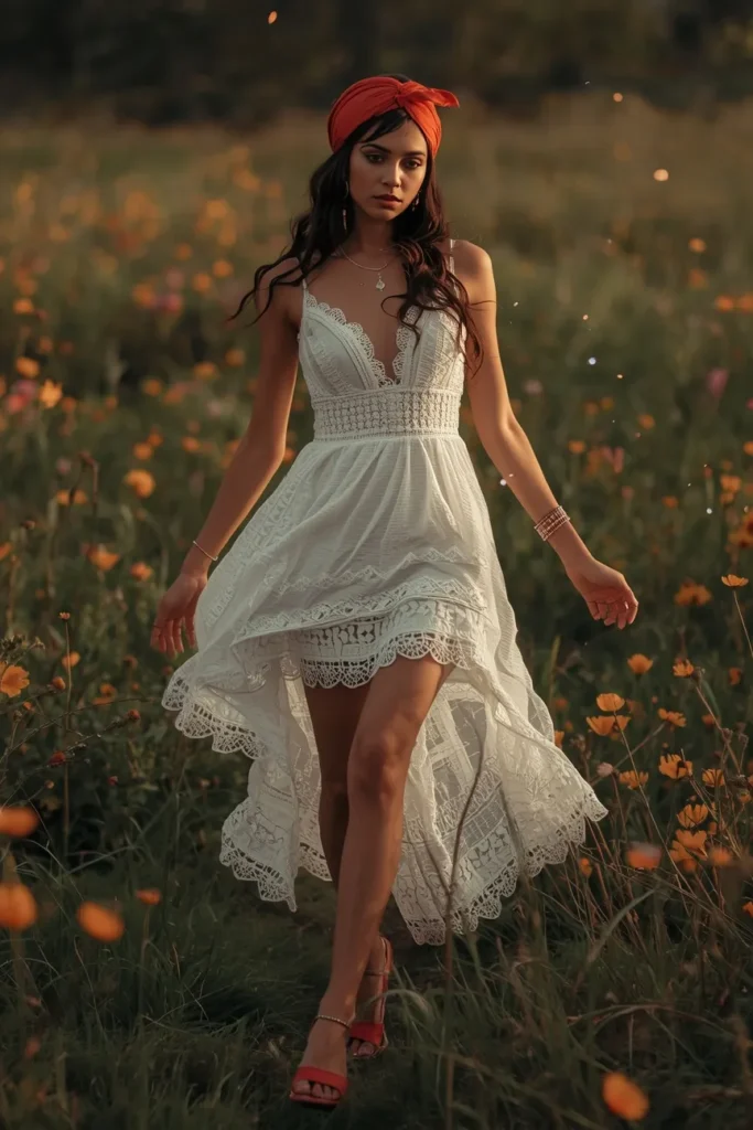 Boho White Dress with Red Accessories