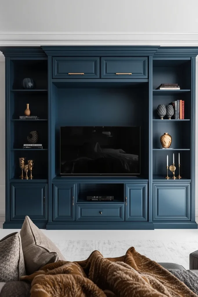 Bold Blue TV Wall Unit for a Dramatic Living Room