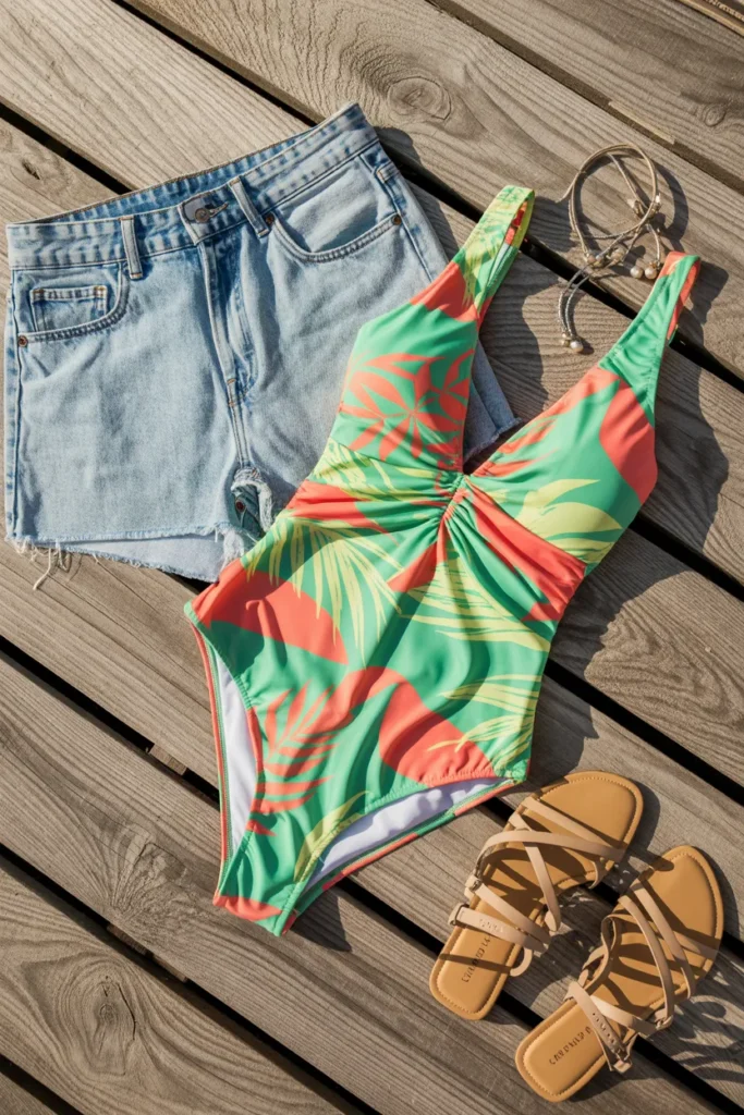 Bold Tropical Print One-Piece with Denim Cutoffs