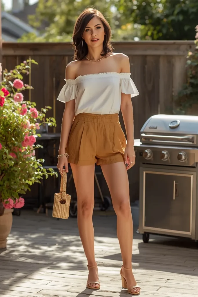 Breezy Off-Shoulder Top with Tailored Shorts