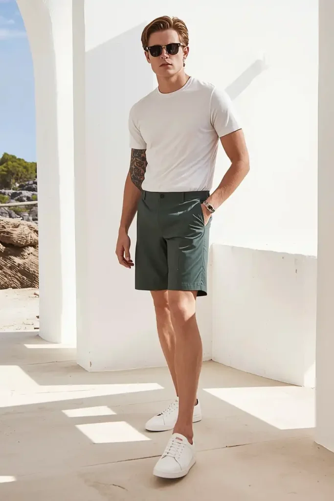 Bright Accent Shorts and a Clean White Tee for a Bold Finish