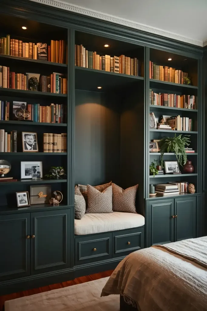 Built-In Bookshelves That Double as Romantic Bedroom Decor