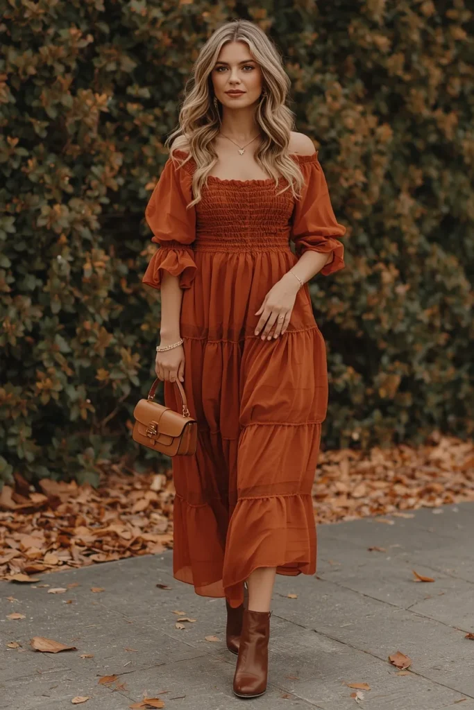 Burnt Orange Chiffon Dress for Fall Weddings