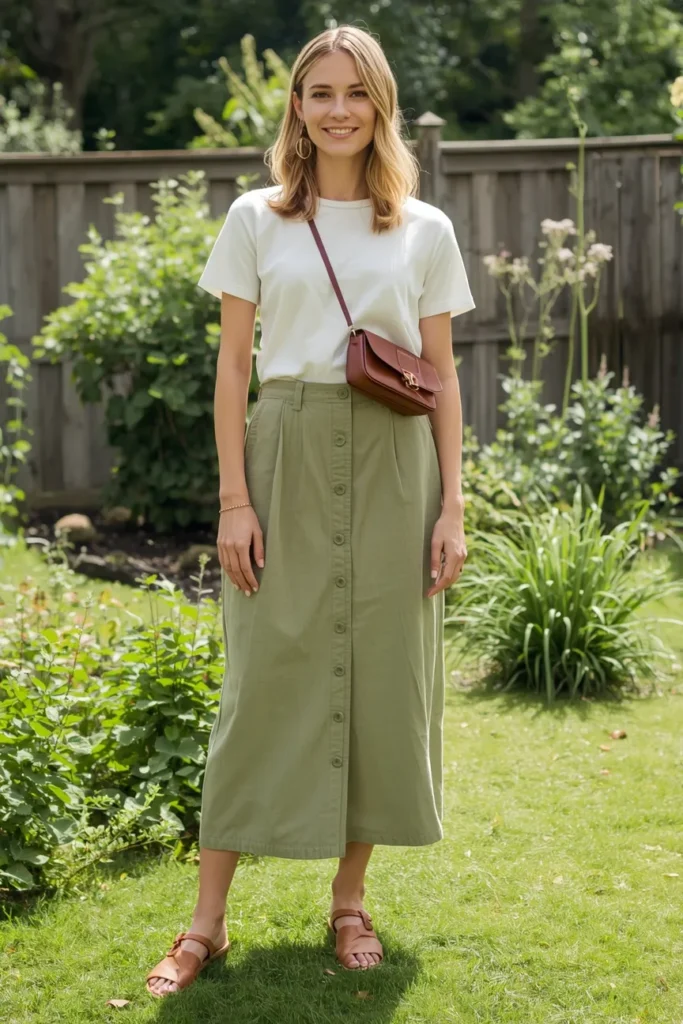 Button-Front Skirts With Casual Tucked-In Tees