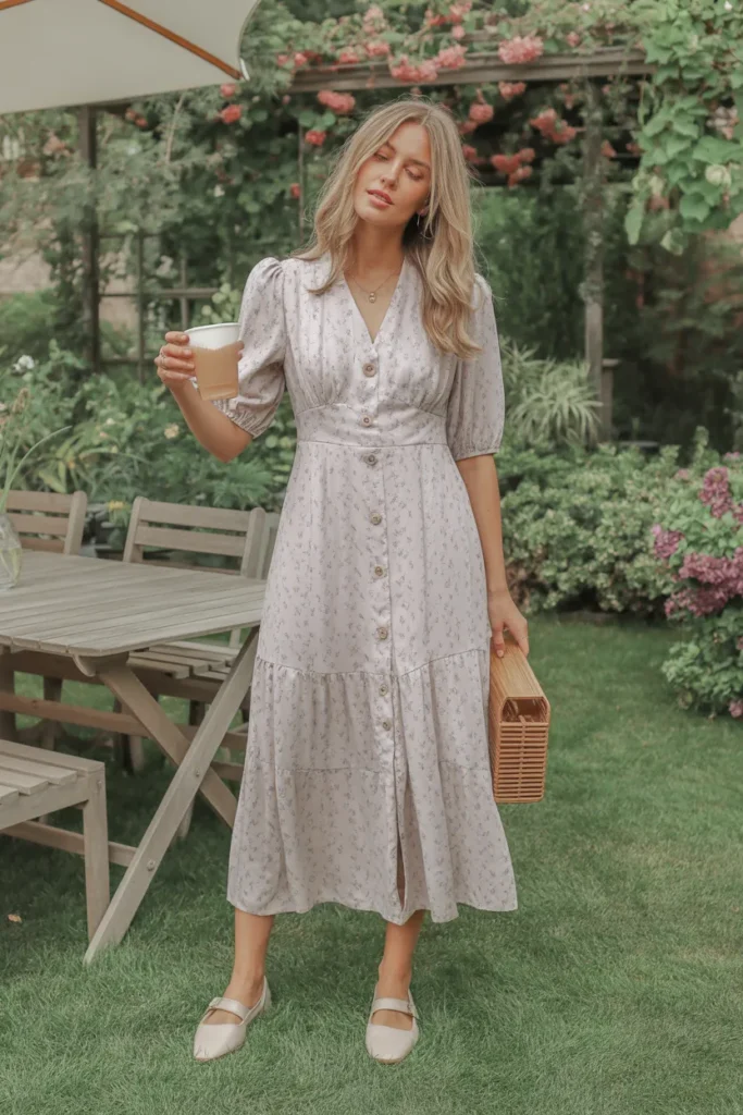 Buttoned Midi Dress with Subtle Print