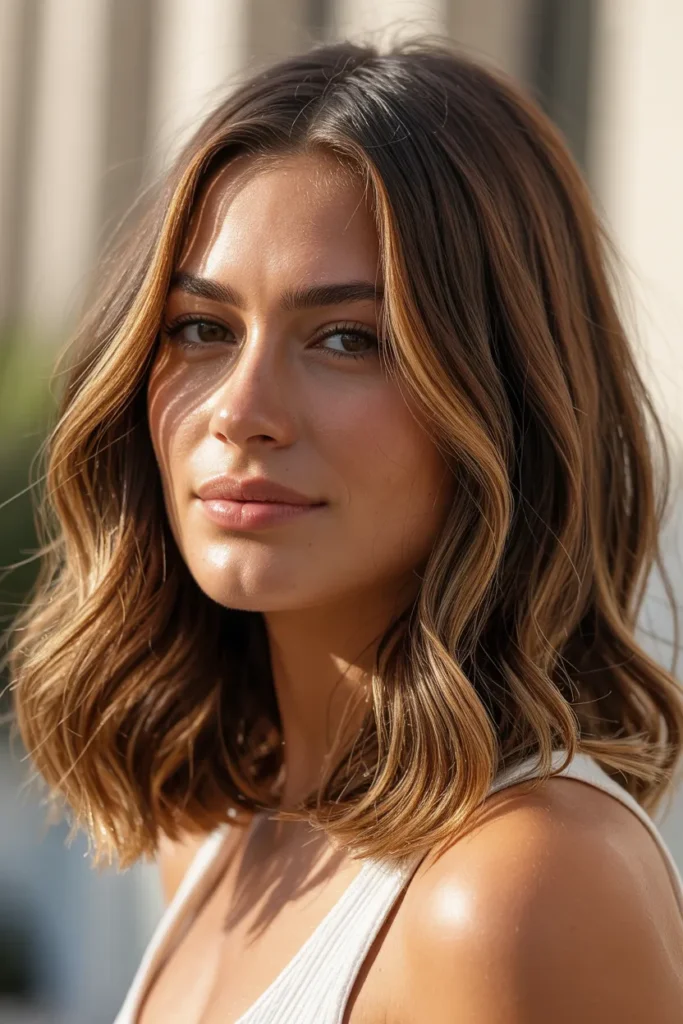 Caramel Highlights on Shoulder-Length Brown Hair