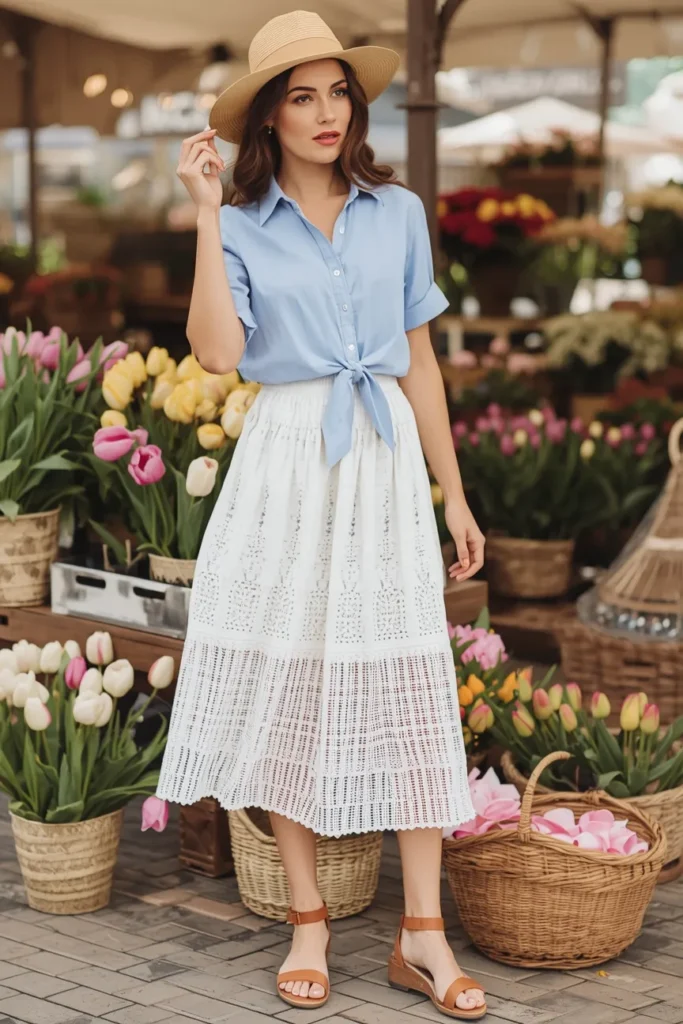 Chambray Shirts Tied at the Waist With Flowy Skirts