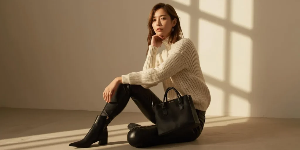 Chunky Sweater with Leather Pants