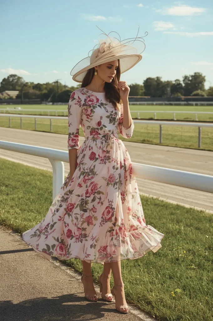 Classic Floral Dress with a Wide-Brim Hat