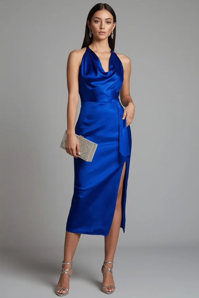 Cobalt Blue Satin Midi Dress
