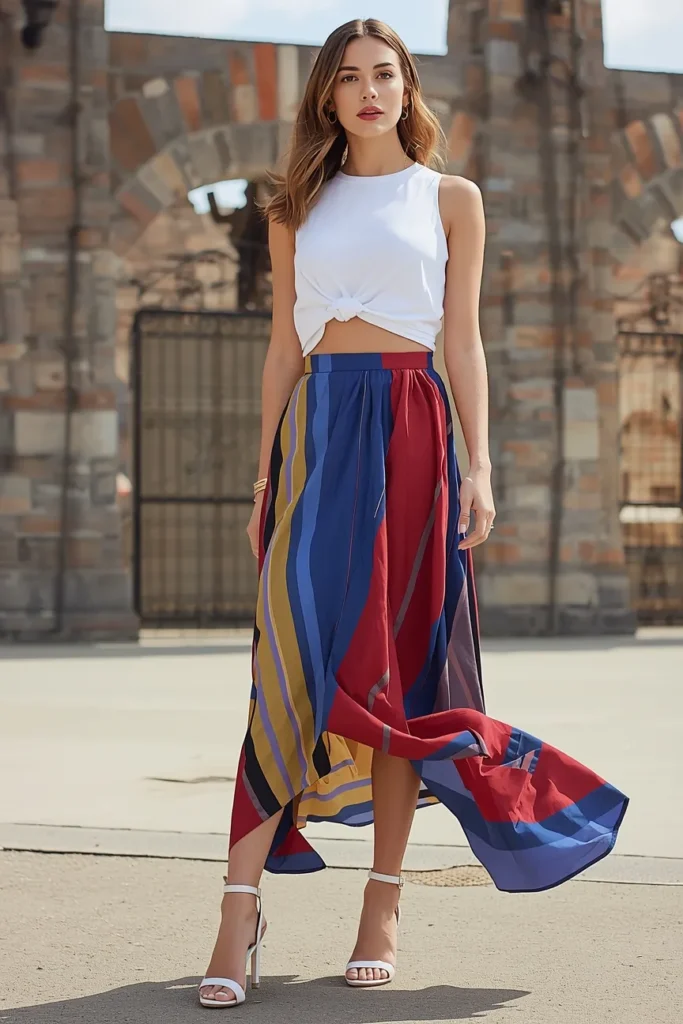 Colorful Statement Maxi Skirt with a White Top