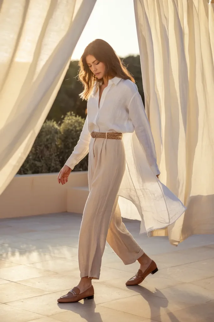 Crisp White Linen Shirt with Tailored Beige Trousers