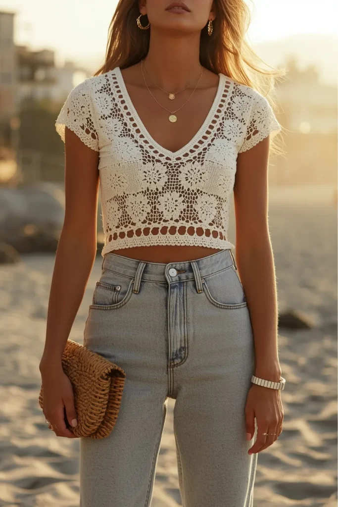 Crochet and Knit Tops With High-Waisted Jeans