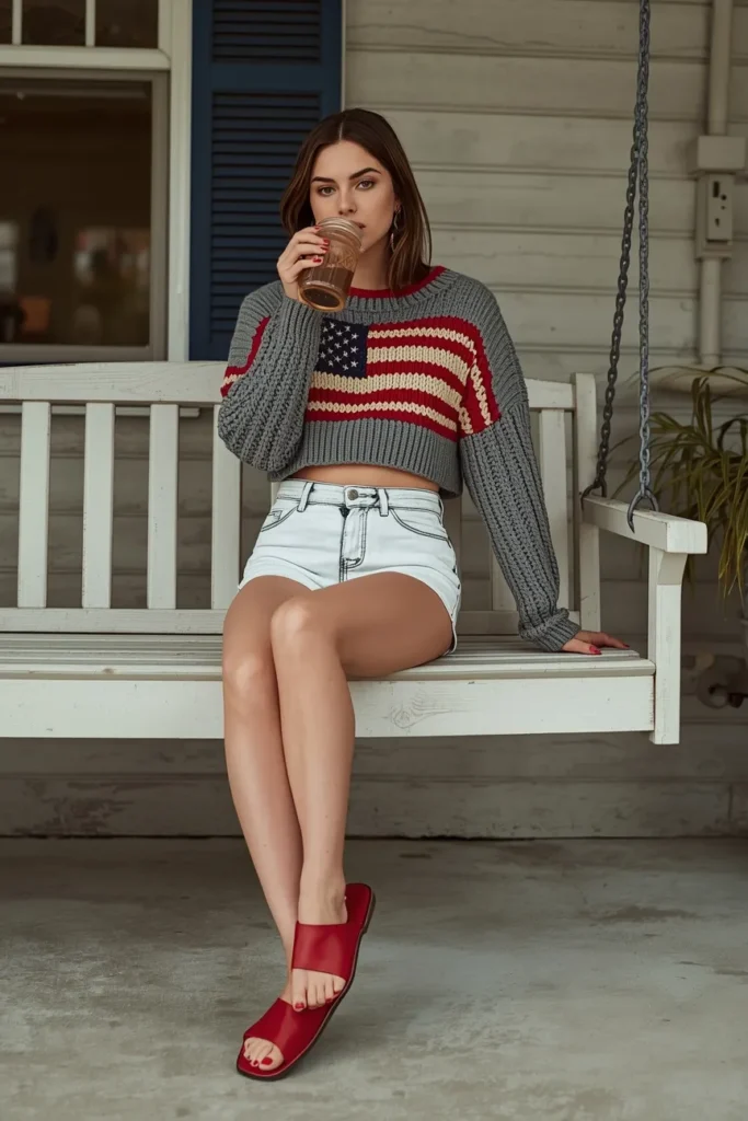 Cropped Flag Cardigan and High-Waisted Shorts