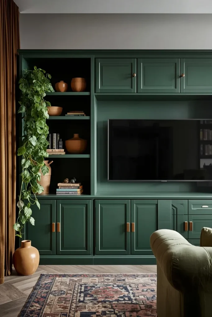 Dark Green TV Wall Unit With Velvet Sofa Pairing