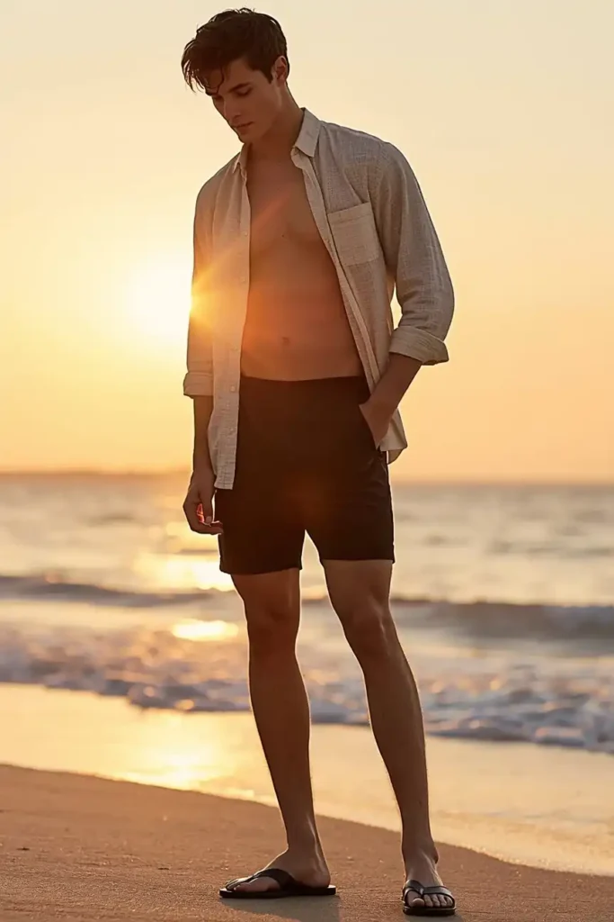 Dark Swim Trunks and a Textured Button-Up for Evening Beach Vibes