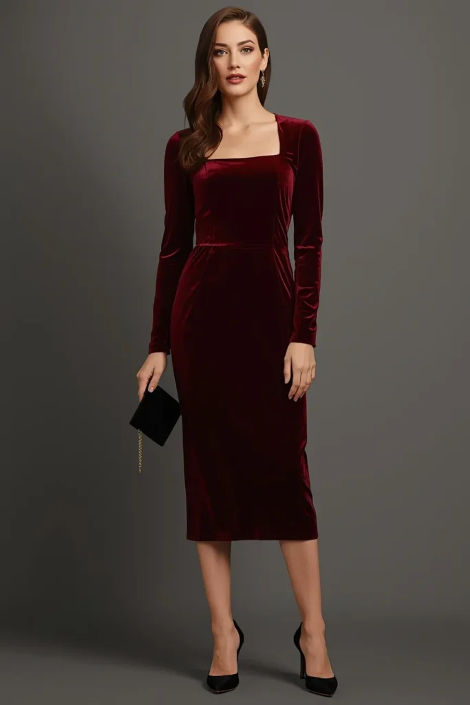 Deep Burgundy Velvet Midi Dress
