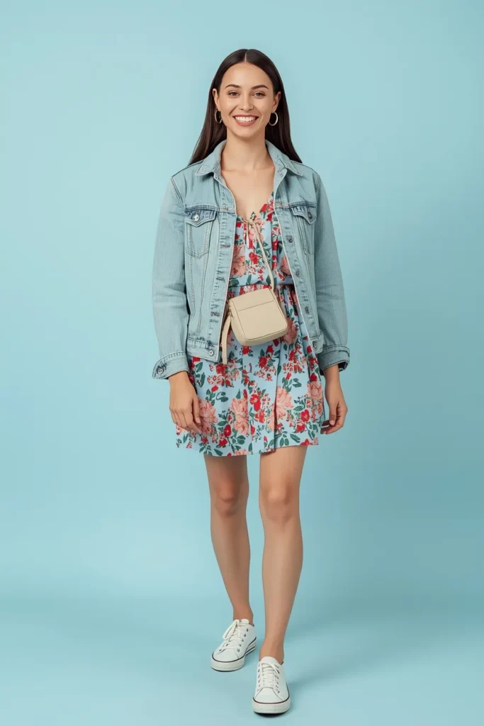 Denim Jacket Over a Floral Sundress