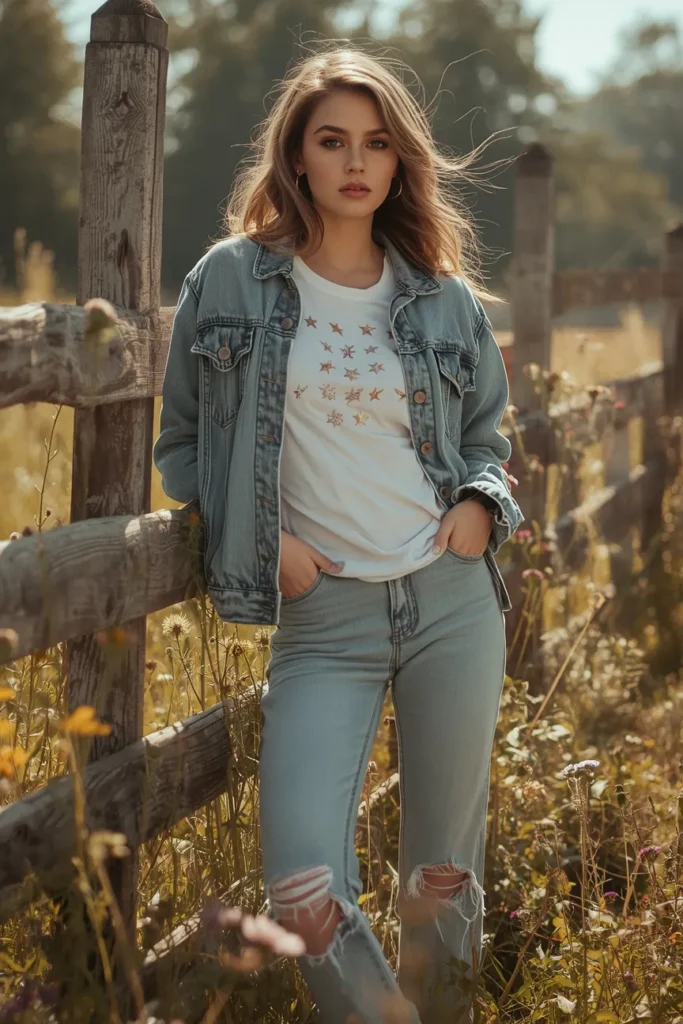 Denim Jacket with Star Embroidered Tee