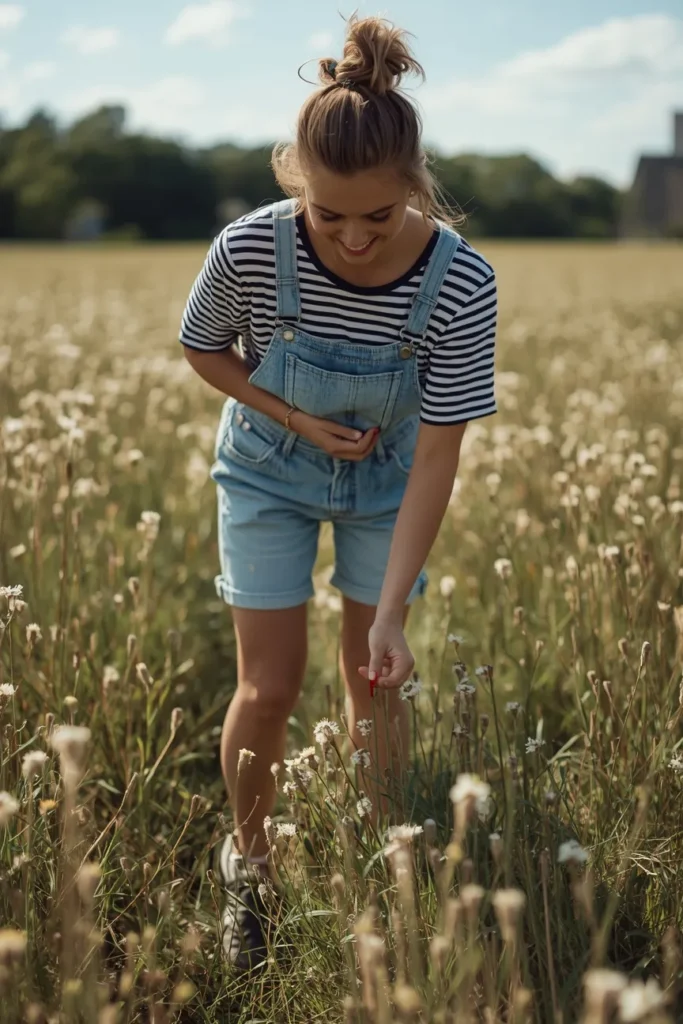 Denim Overalls Over a Striped Tee