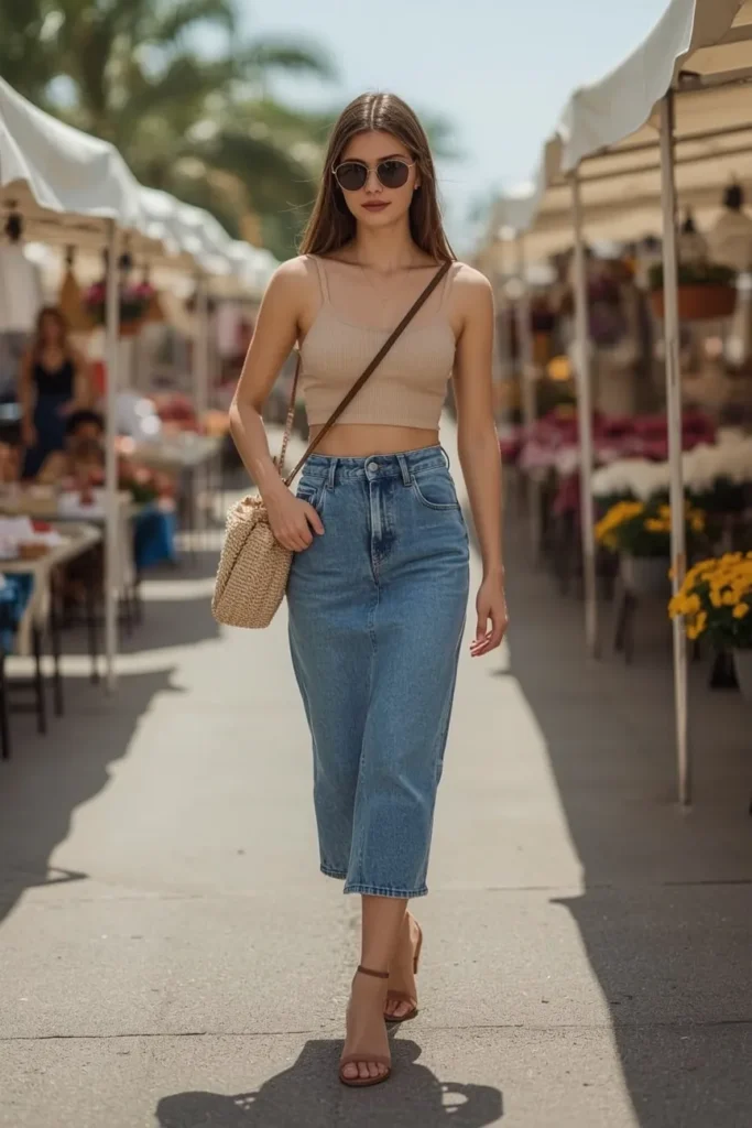 Denim Skirt with Simple Tank Top