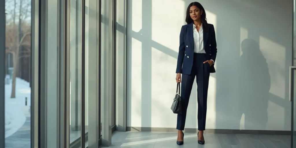 Double-Breasted Blazer with High-Waisted Trousers