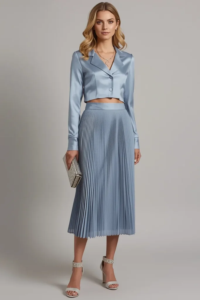 Dusty Blue Pleated Midi Skirt Set