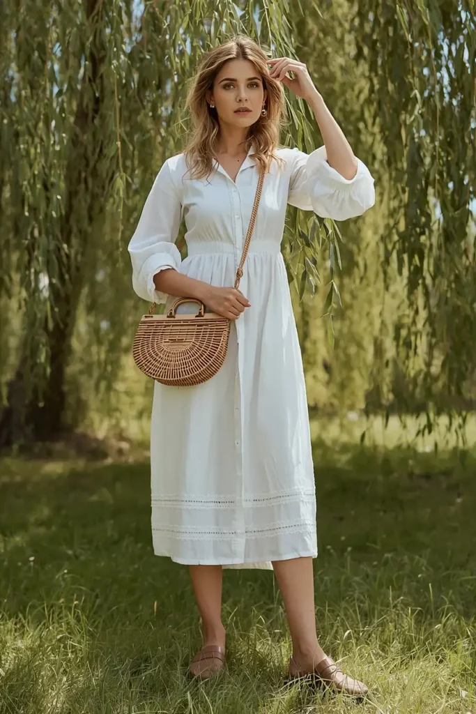 Effortless White Sundress with a Wicker Bag