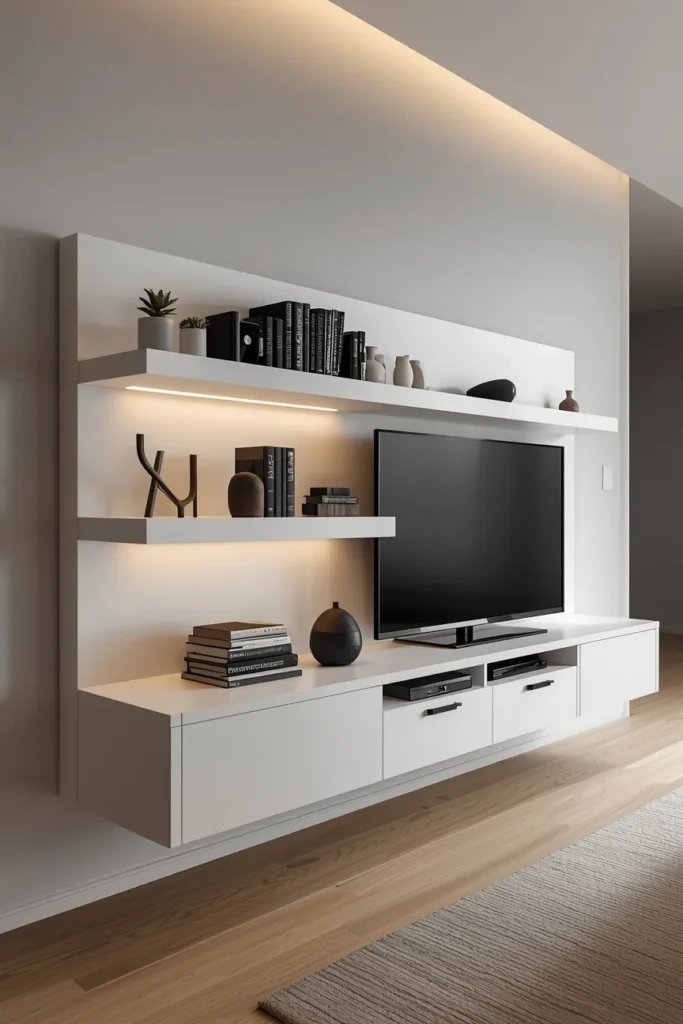 Floating Minimalist TV Wall Unit With Open Shelving