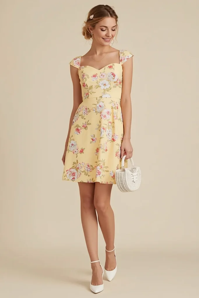 Floral Fit and Flare Dress in Soft Yellow