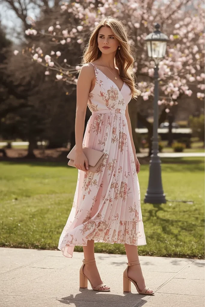 Floral Midi Dress with Nude Heels