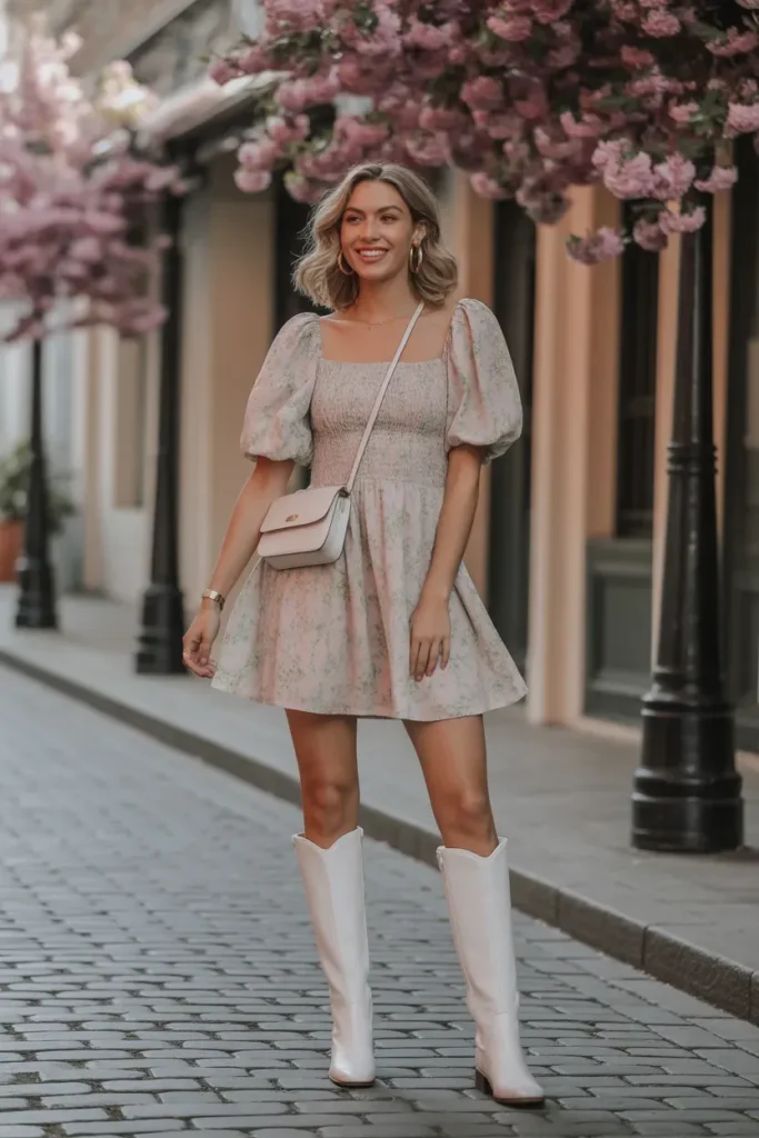 Floral Mini Dress With Knee-High Boots