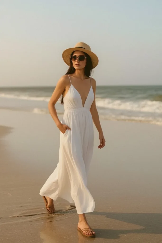 Flowy Maxi Dress with Straw Hat