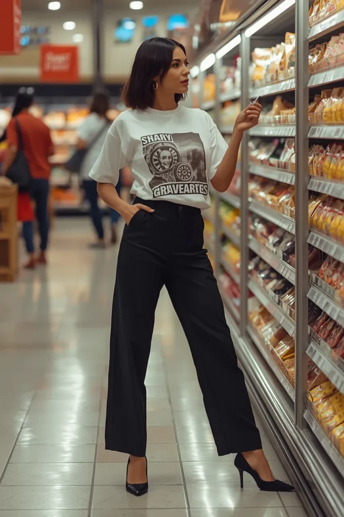 Graphic Tee Styled Up With Trousers and Heels