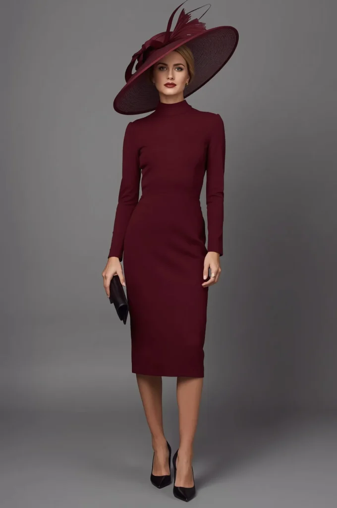 High-Neck Dress with Dramatic Hat